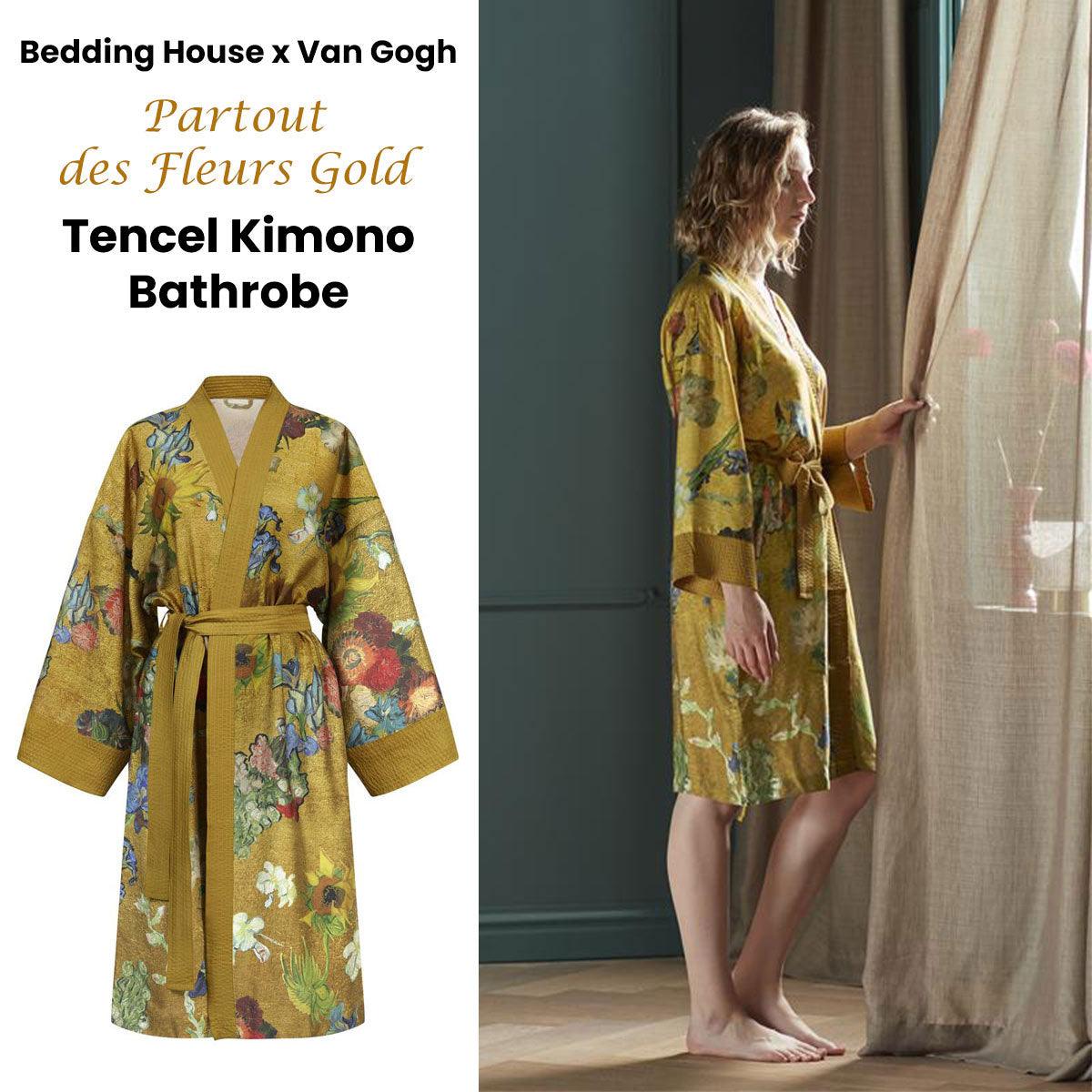 Bedding House Van Gogh Partout des Fleurs Gold Kimono Bath Robe Large/Extra Large - Harrogates