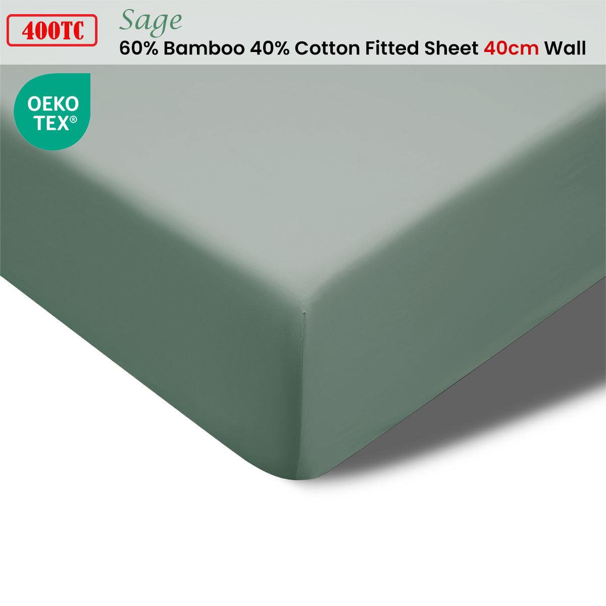 Accessorize 400TC Sage Bamboo Cotton Fitted Sheet 40cm Wall Queen - Harrogates