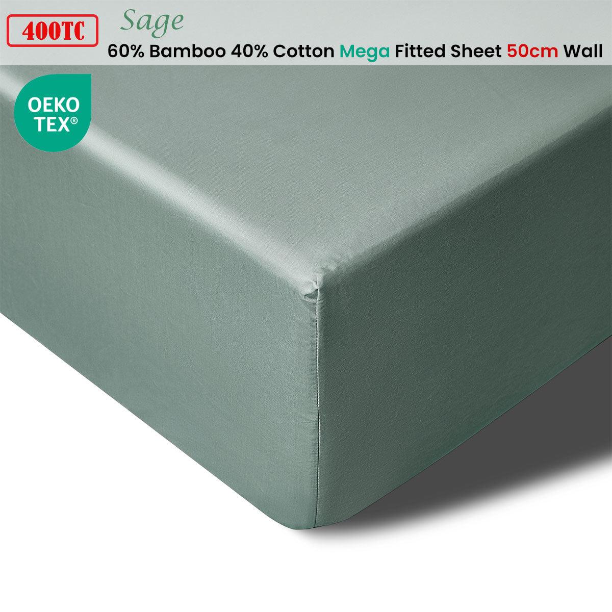 Accessorize 400TC Sage Bamboo Cotton Mega / Super Fitted Sheet 50cm Wall Queen - Harrogates