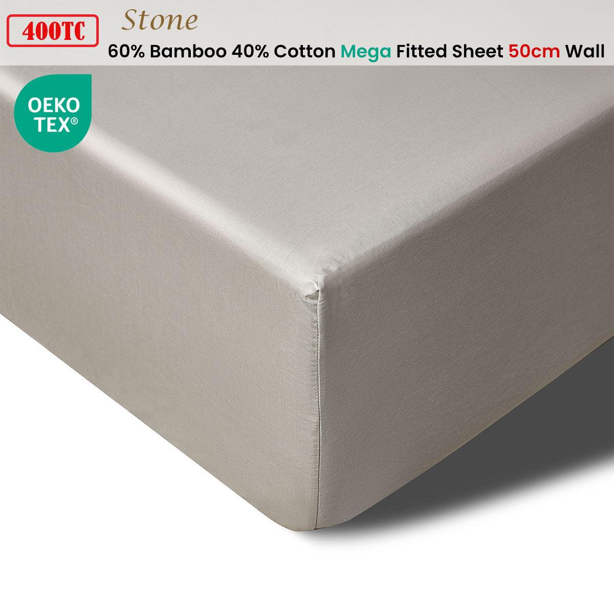 Accessorize 400TC Stone Bamboo Cotton Mega / Super Fitted Sheet 50cm Wall Queen - Harrogates