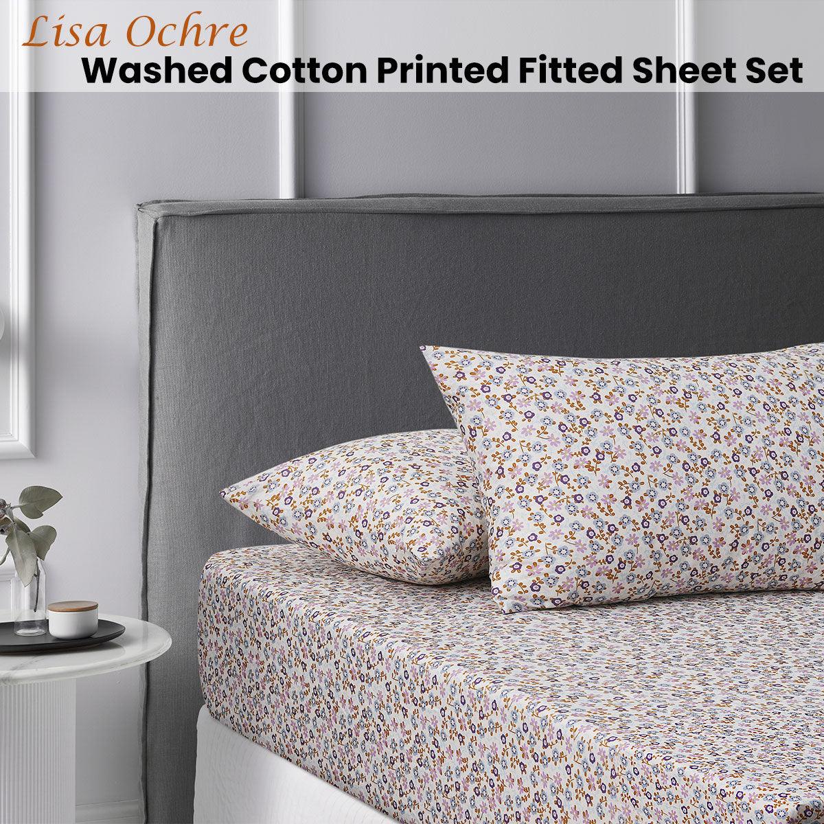 Accessorize Lisa Ochre Washed Cotton Printed Fitted Sheet Set Double - Harrogates