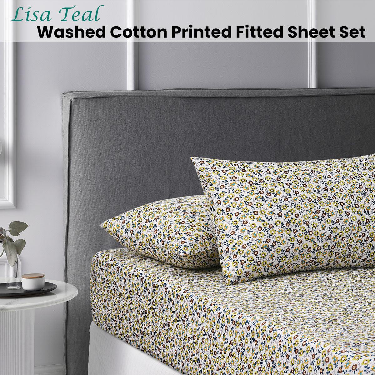 Accessorize Lisa Teal Washed Cotton Printed Fitted Sheet Set Double - Harrogates