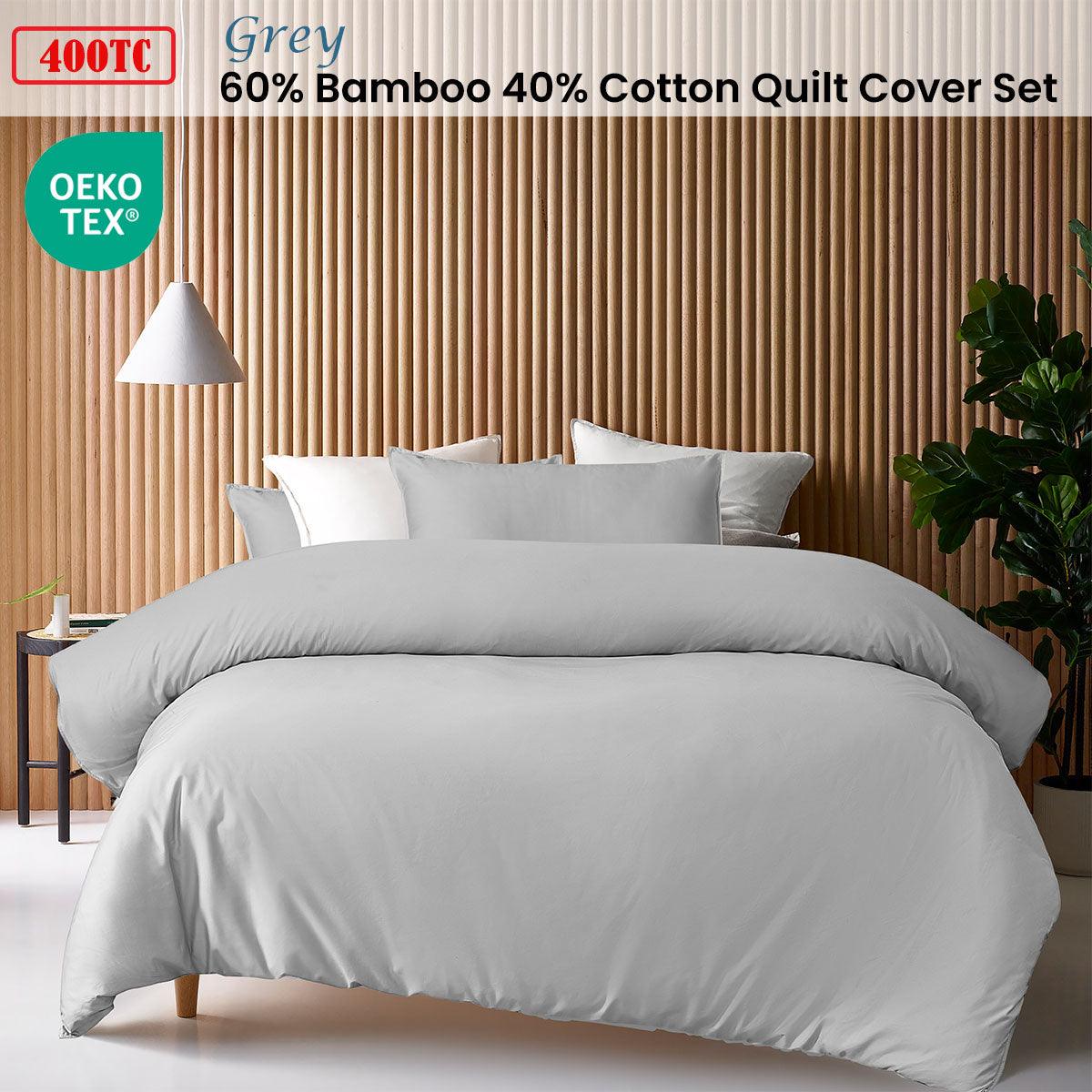 Accessorize Grey 400TC Grey Bamboo Cotton Double Stitched Quilt Cover Set Queen - Harrogates