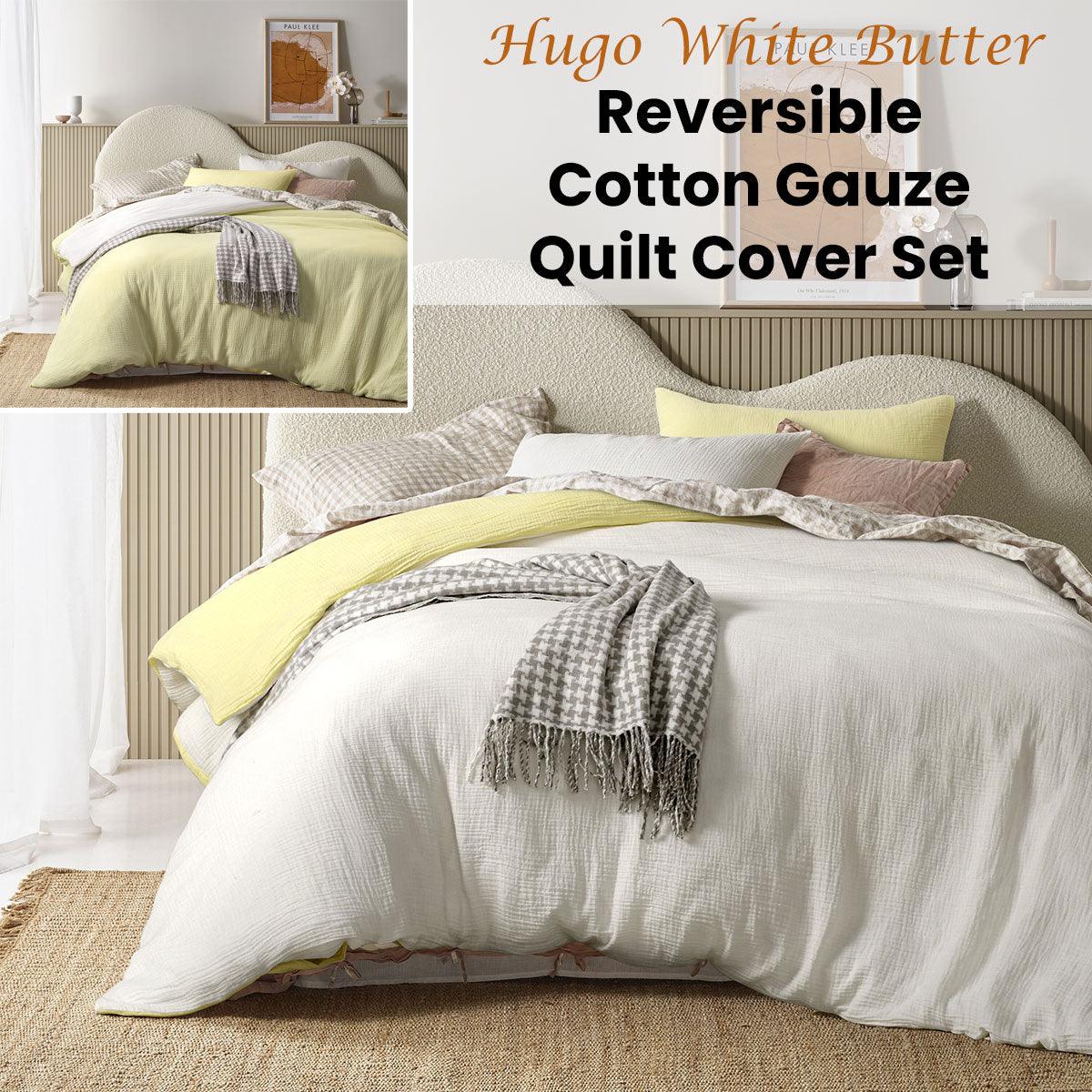 Vintage Design Homewares Hugo Reversible White Butter Cotton Gauze Quilt Cover Set Super King - Harrogates