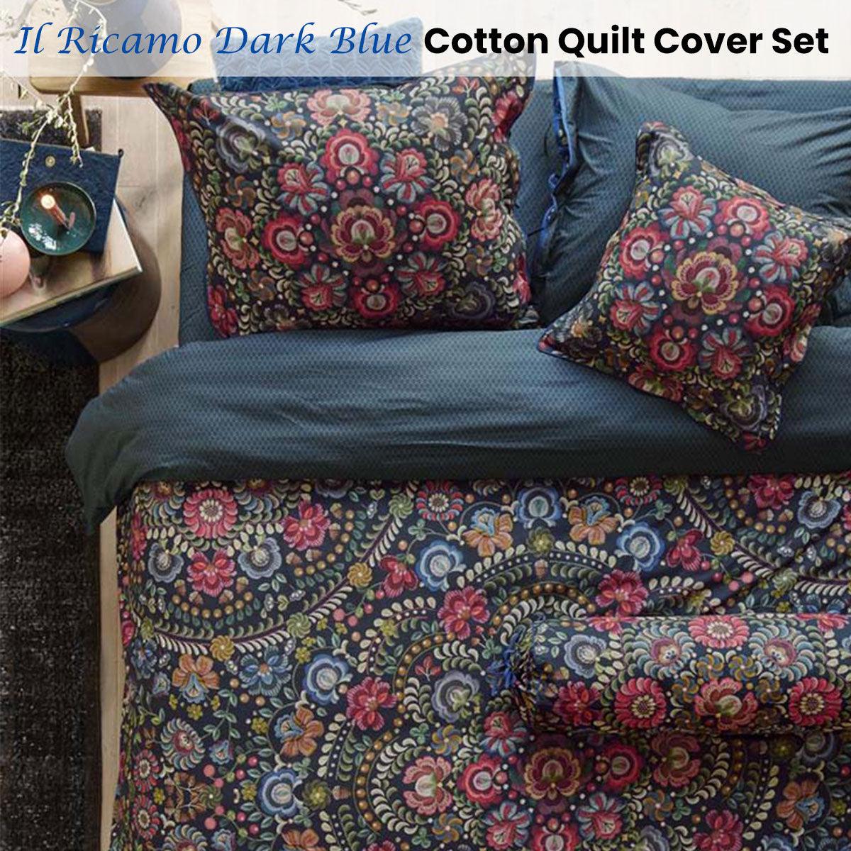 PIP Studio Il Ricamo Dark Blue Cotton Quilt Cover Set Queen - Harrogates