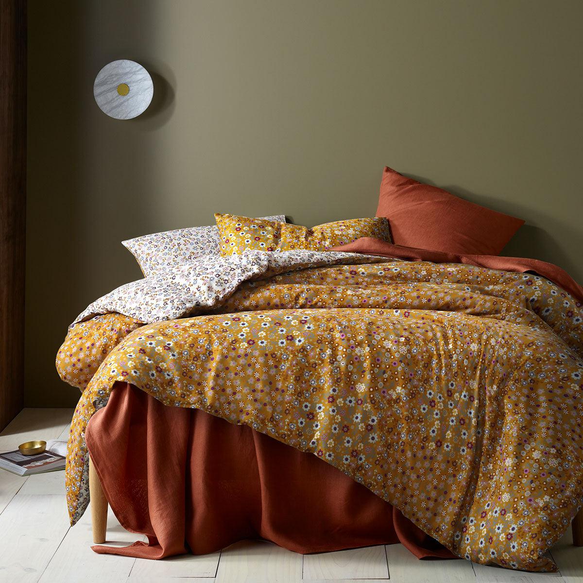 Accessorize Lisa Ochre Washed Cotton Printed Quilt Cover Set King - Harrogates