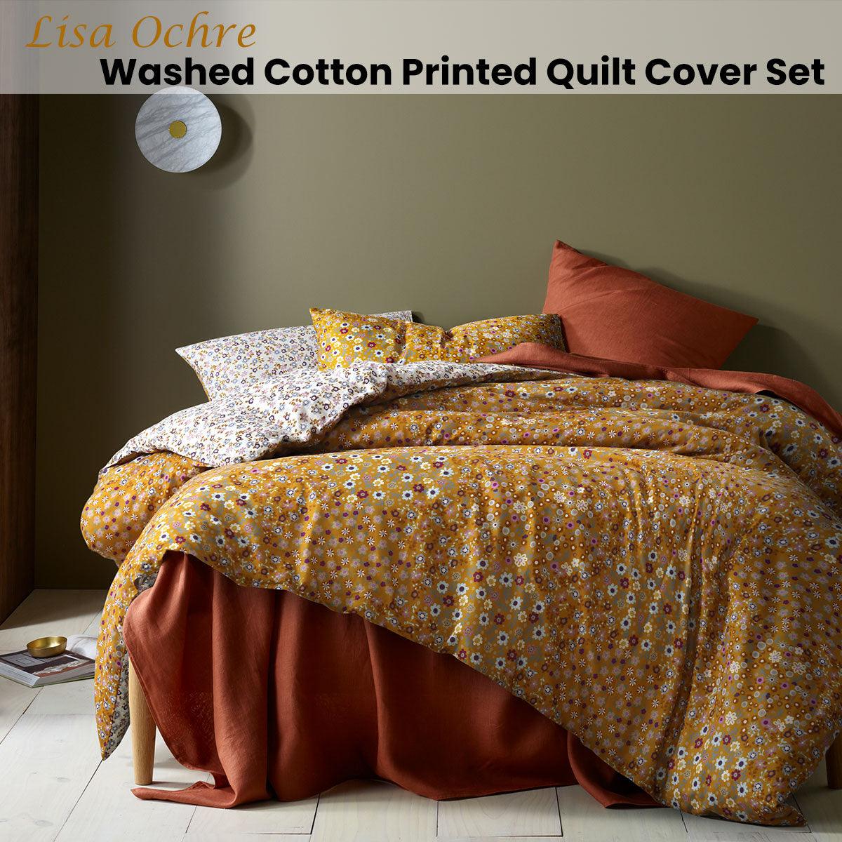 Accessorize Lisa Ochre Washed Cotton Printed Quilt Cover Set King - Harrogates