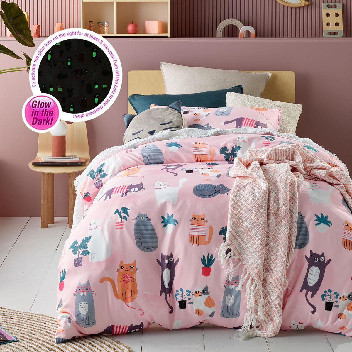 Happy Kids Miaow Glow in the Dark Quilt Cover Set Single - Harrogates