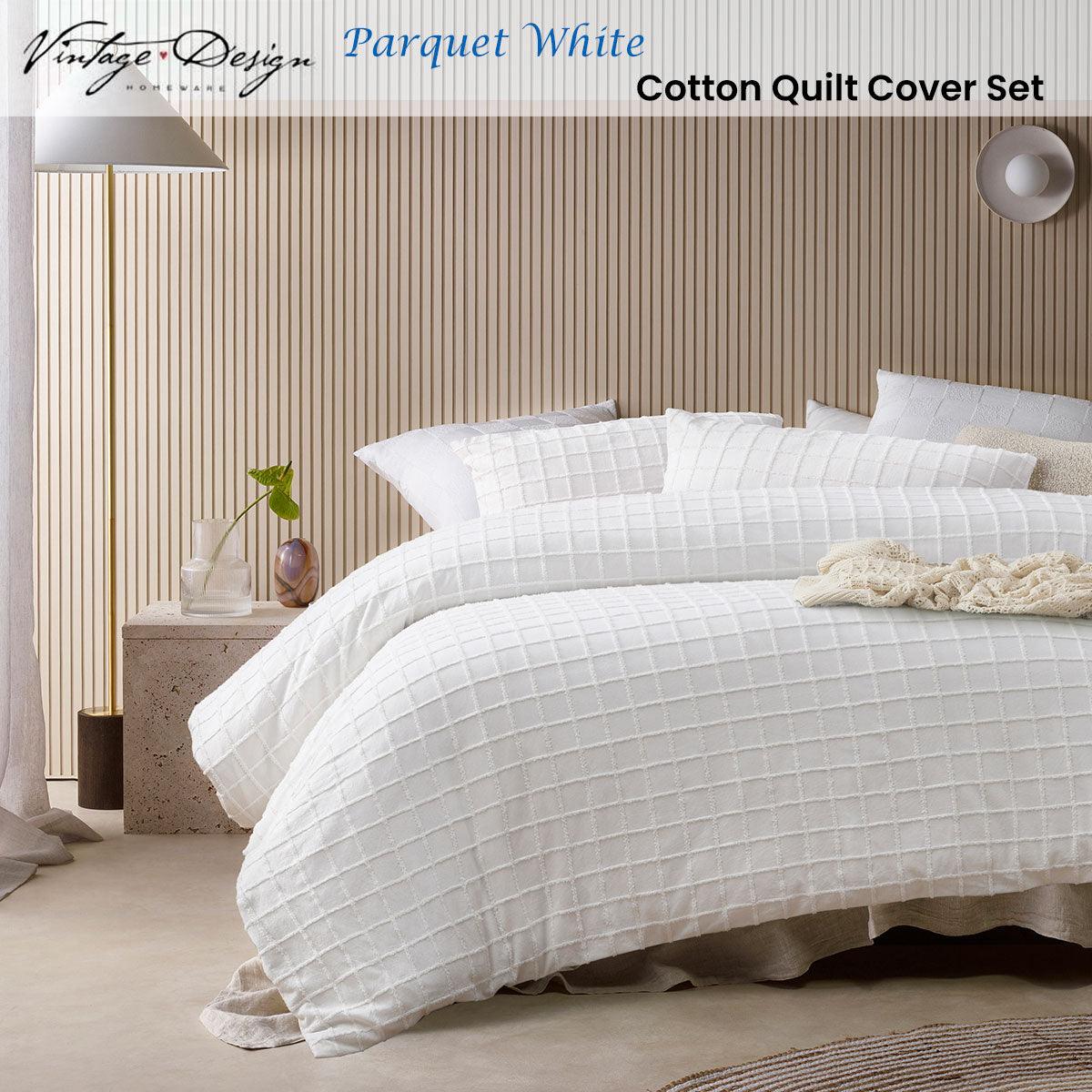 Vintage Design Homewares Parquet White Cotton Quilt Cover Set Queen - Harrogates