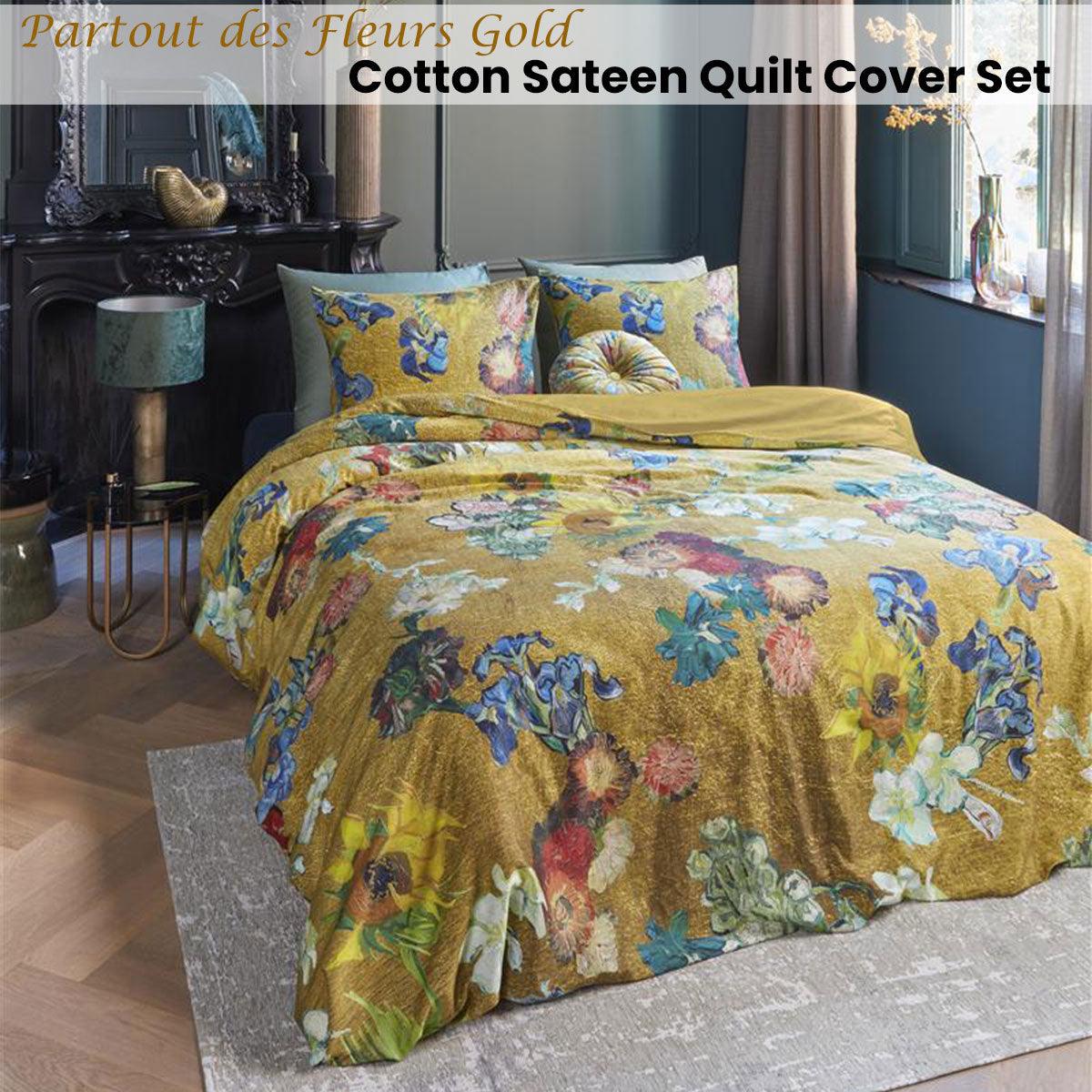 Bedding House Van Gogh Partout des Fleurs Gold Cotton Sateen Quilt Cover Set King - Harrogates