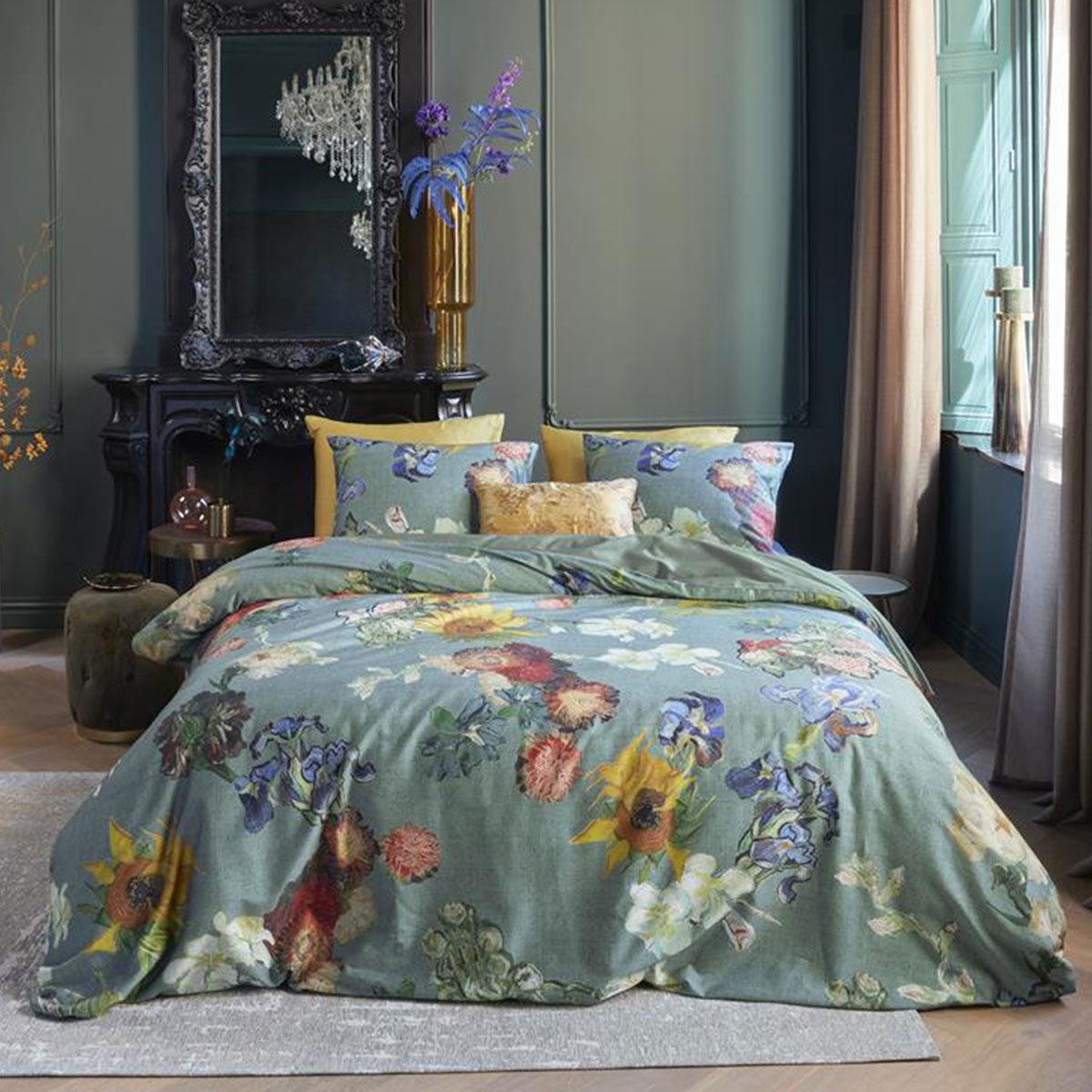 Bedding House Van Gogh Partout des Fleurs Green Cotton Sateen Quilt Cover Set King - Harrogates