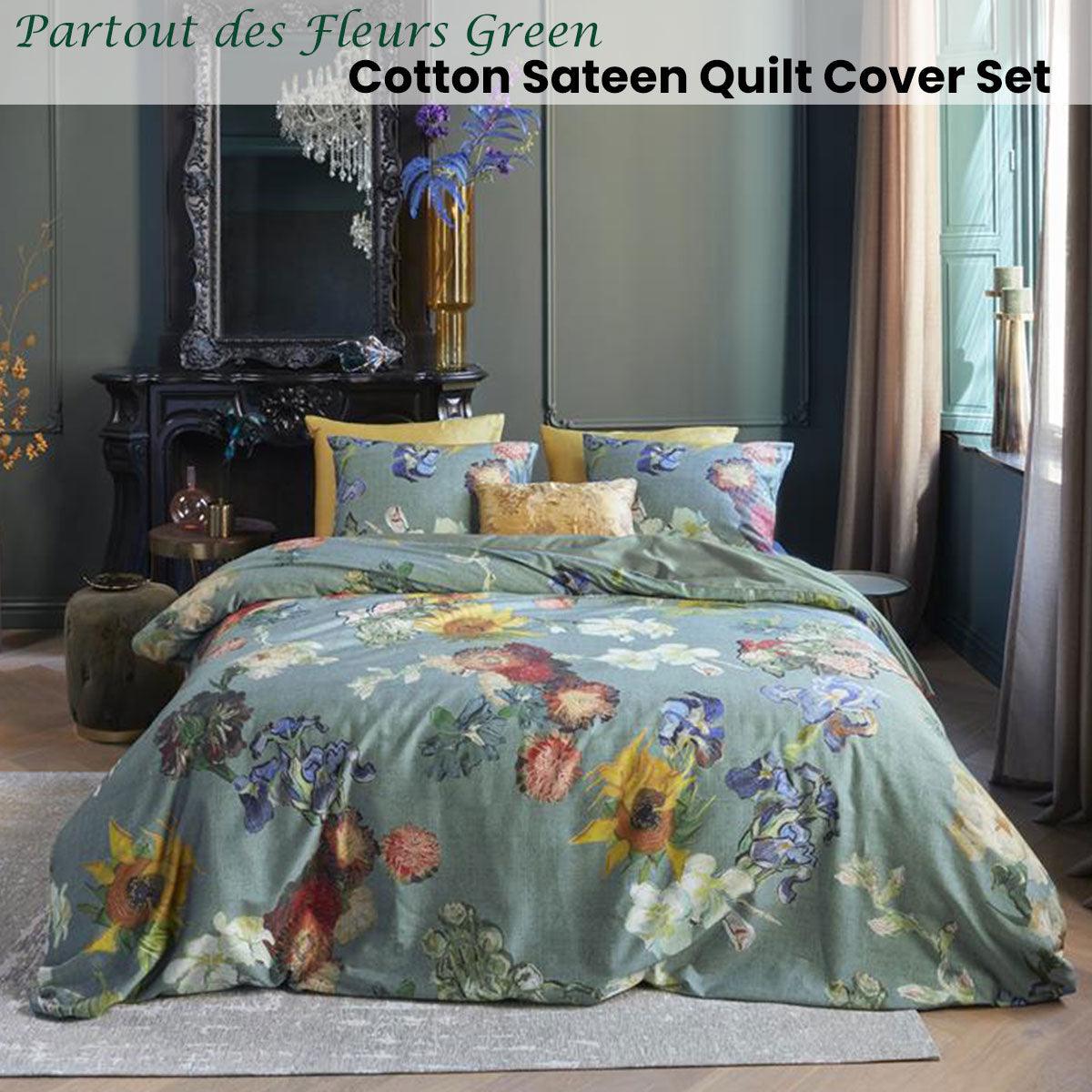 Bedding House Van Gogh Partout des Fleurs Green Cotton Sateen Quilt Cover Set King - Harrogates