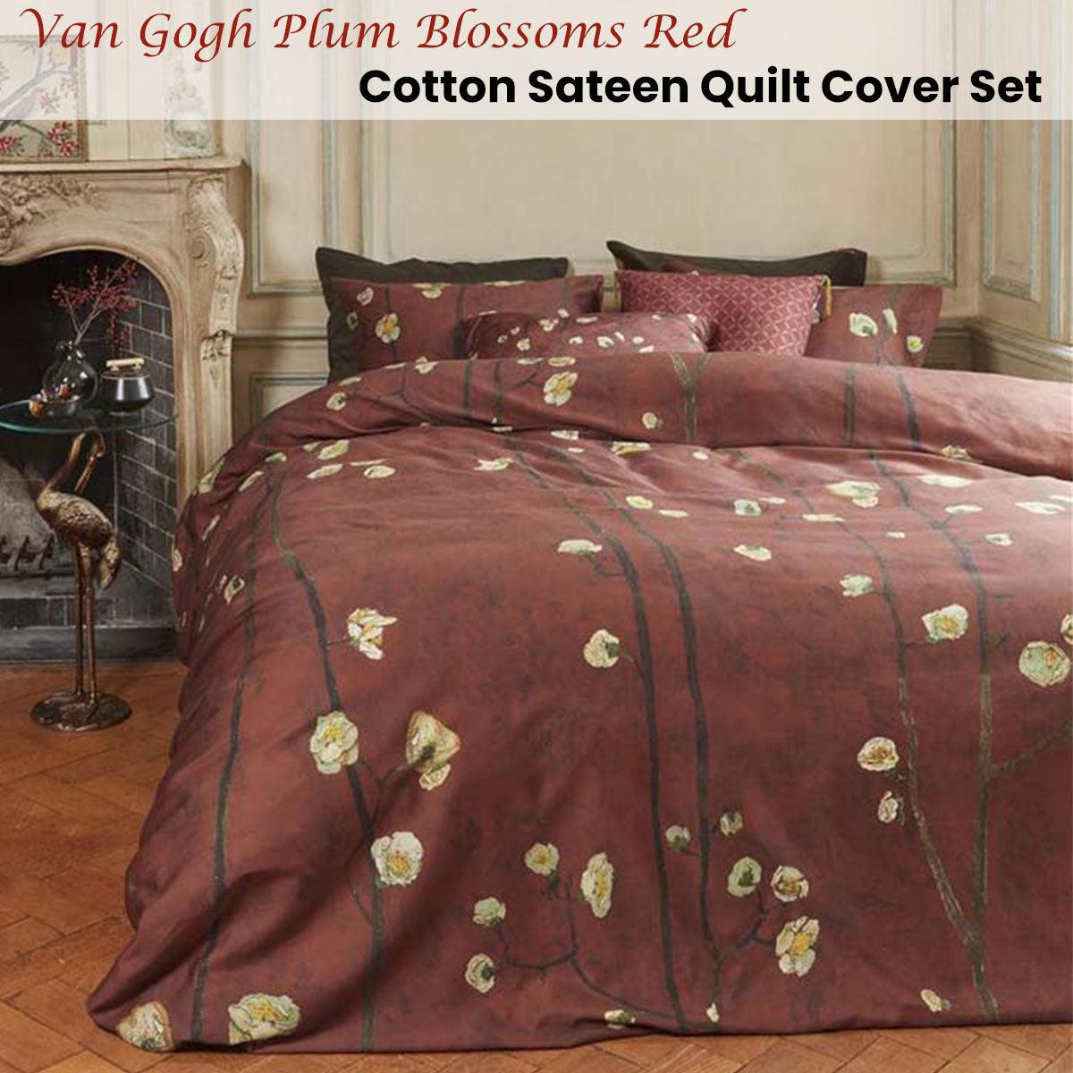 Bedding House Van Gogh Plum Blossoms Red Cotton Sateen Quilt Cover Set Queen - Harrogates