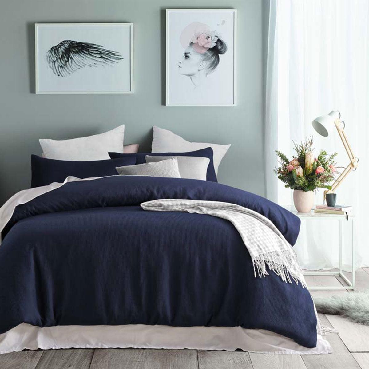 Accessorize Navy Waffle Polyester Quilt Cover Set Queen - Harrogates