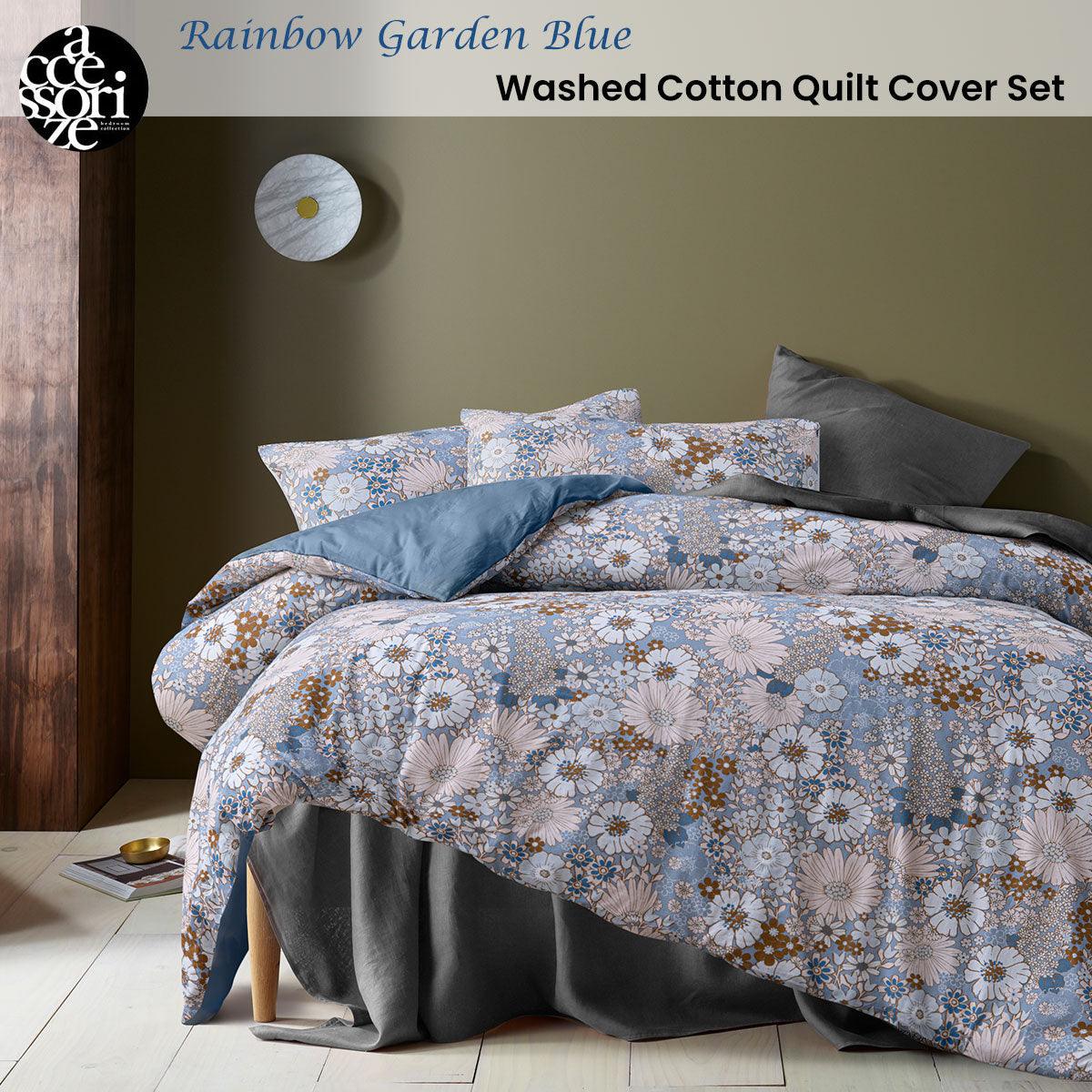 Accessorize Rainbow Garden Blue Washed Cotton Quilt Cover Set Queen - Harrogates