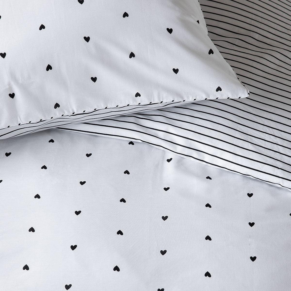 VTWonen Striped Hearts Black & White Cotton Quilt Cover Set King - Harrogates