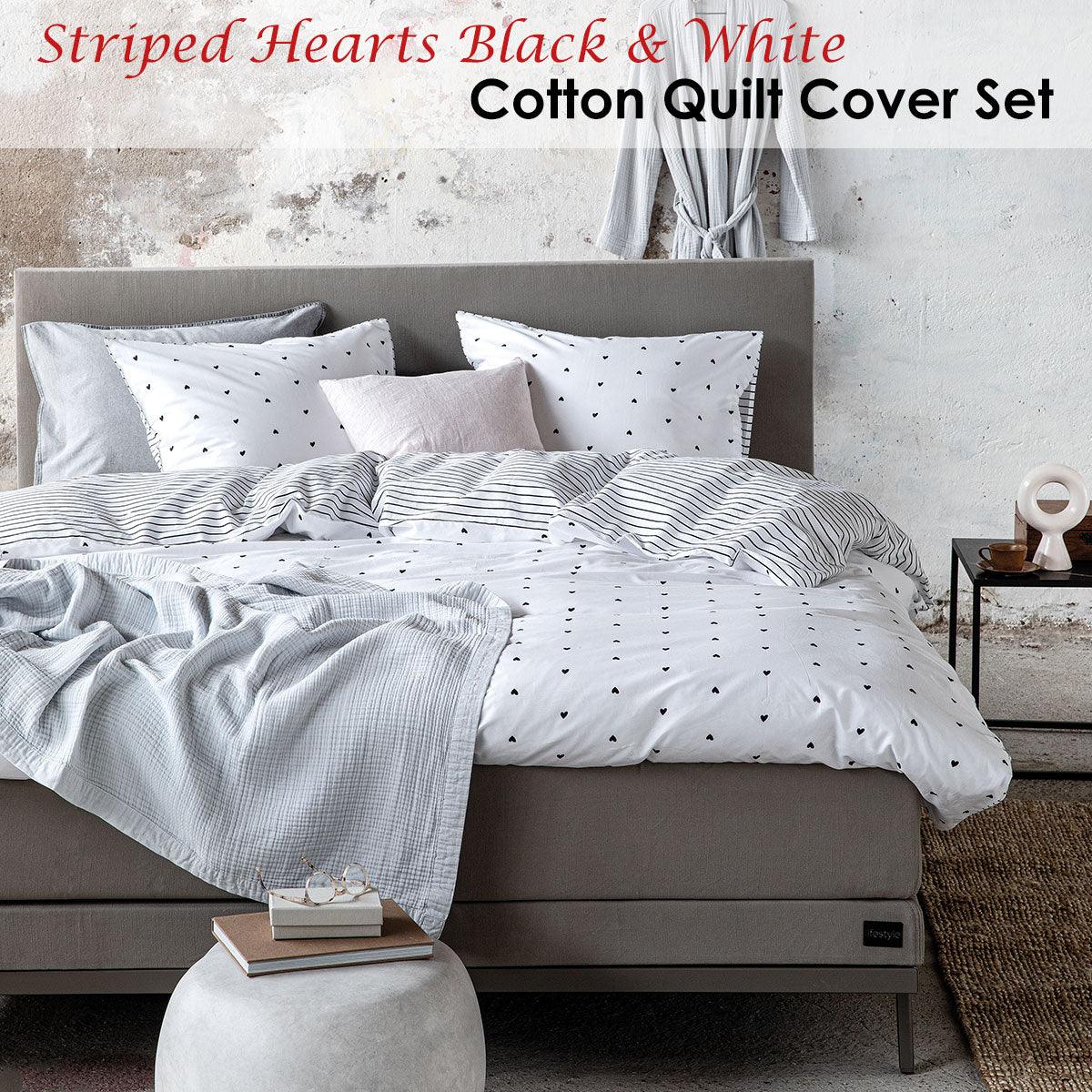 VTWonen Striped Hearts Black & White Cotton Quilt Cover Set Queen - Harrogates