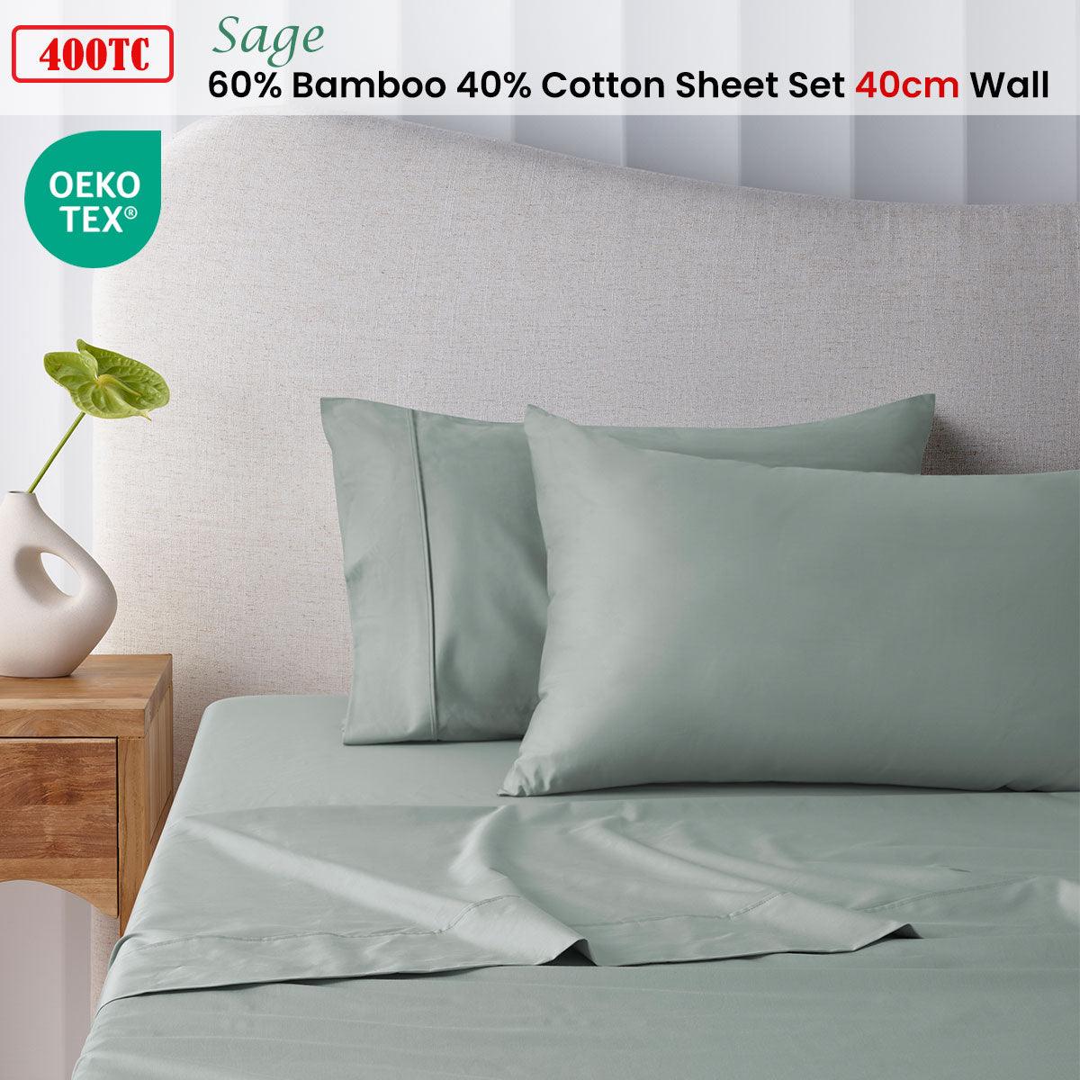 Accessorize 400TC Sage Bamboo Cotton Sheet Set 40cm Wall King Single - Harrogates