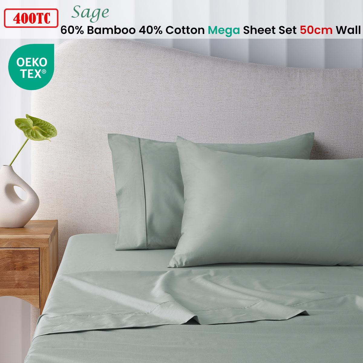 Accessorize 400TC Sage Bamboo Cotton Mega / Super Sheet Set 50cm Wall Queen - Harrogates