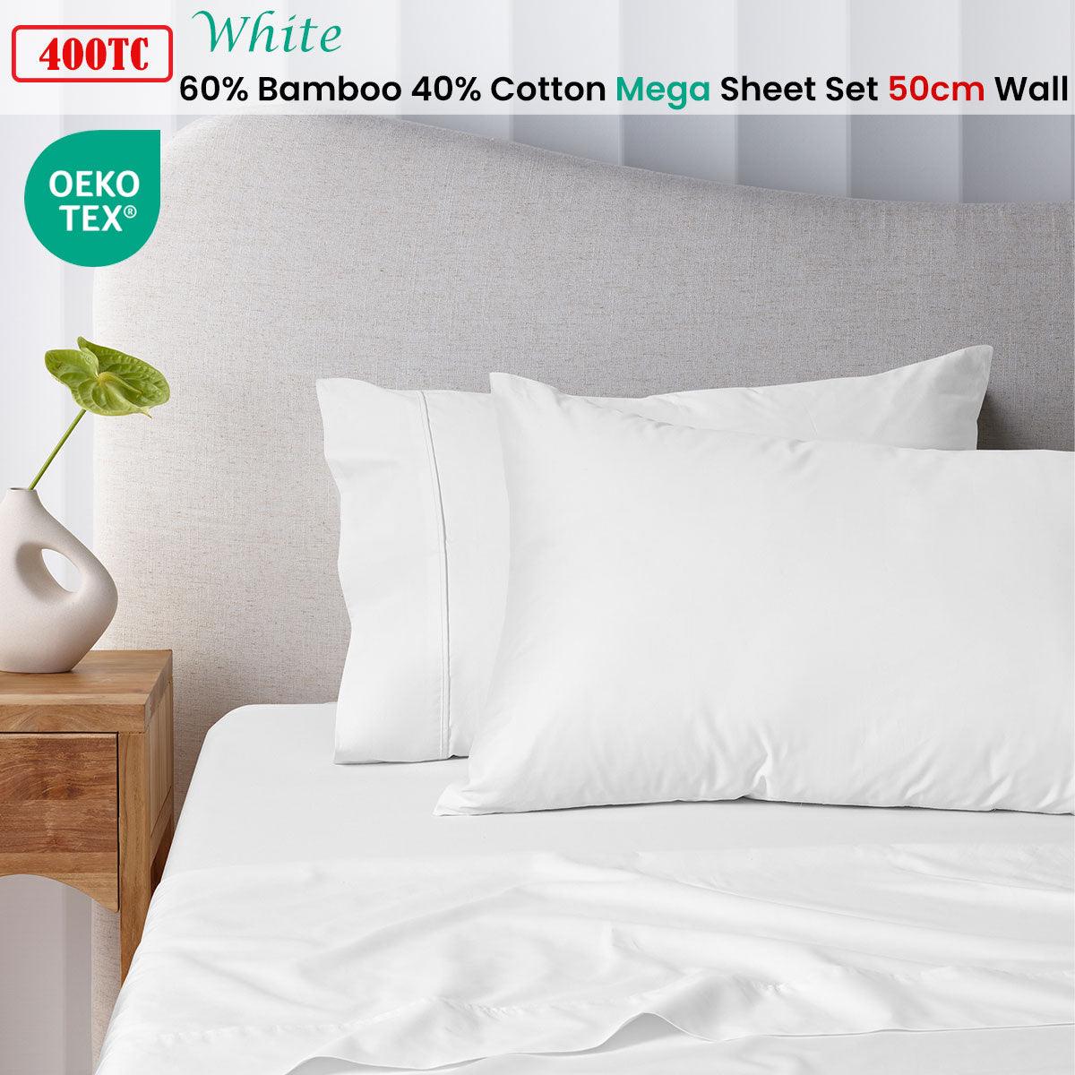 Accessorize 400TC White Bamboo Cotton Mega / Super Sheet Set 50cm Wall Queen - Harrogates