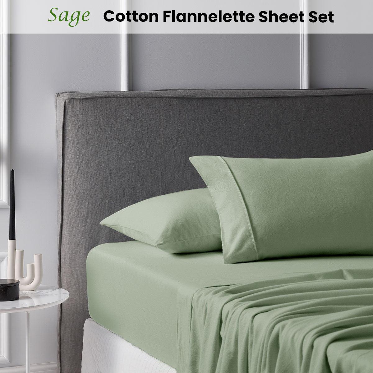 Accessorize Cotton Flannelette Sheet Set 40cm Wall Sage King - Harrogates