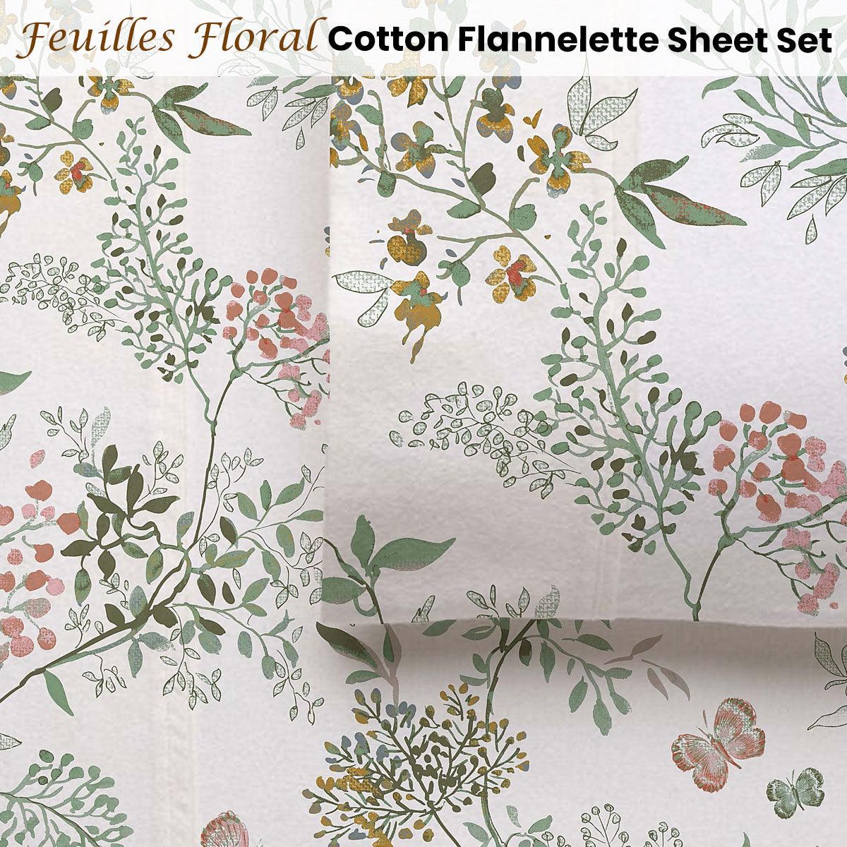 Accessorize Cotton Flannelette Sheet Set 40cm Wall Feuilles Floral Print King - Harrogates