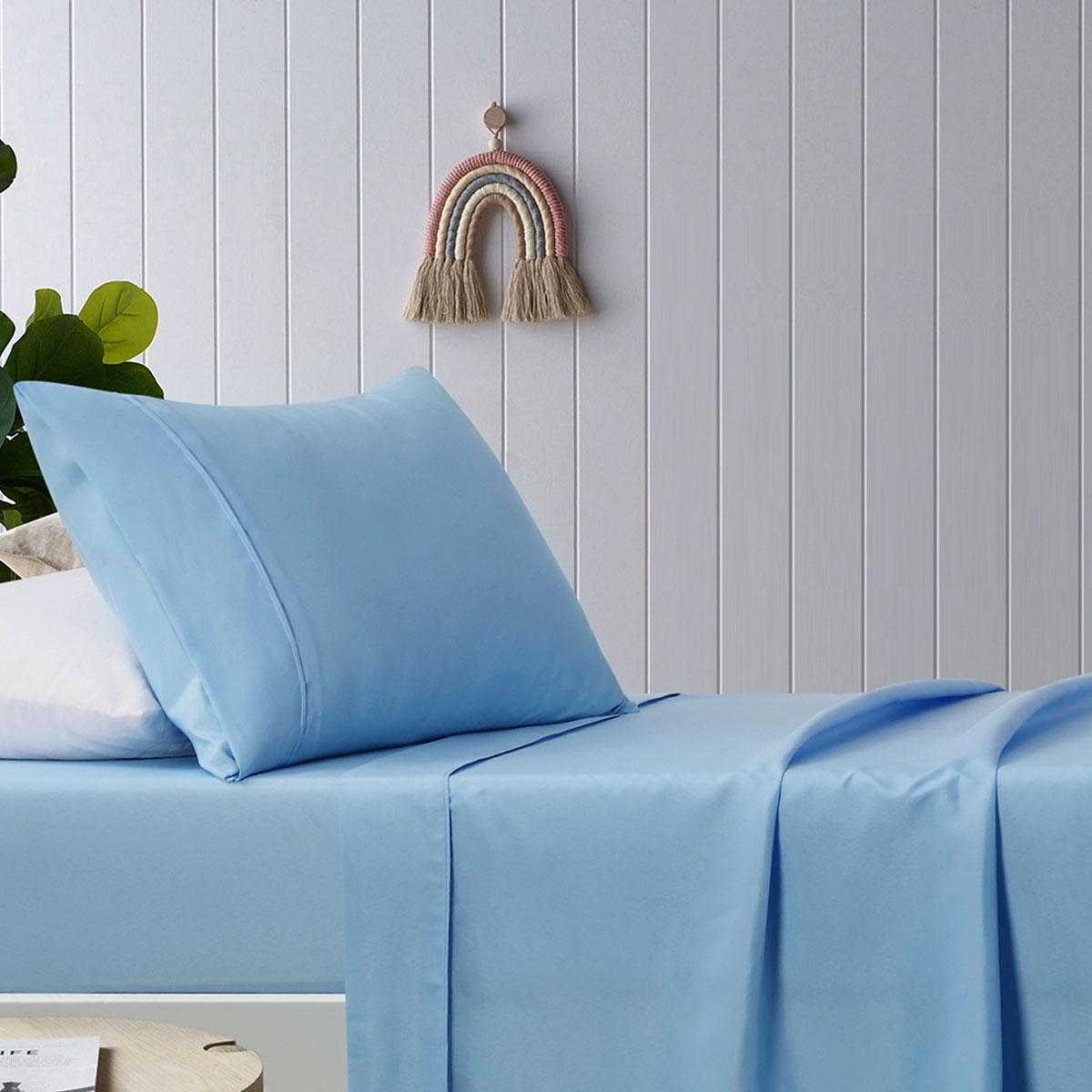 Happy Kids Blue Plain Dyed Microfibre Sheet Set Double - Harrogates