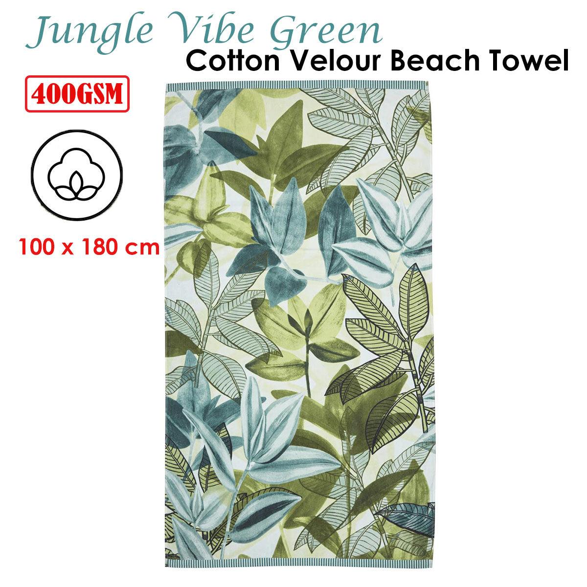 Bedding House Jungle Vibe Green Cotton Velour Beach Towel - Harrogates