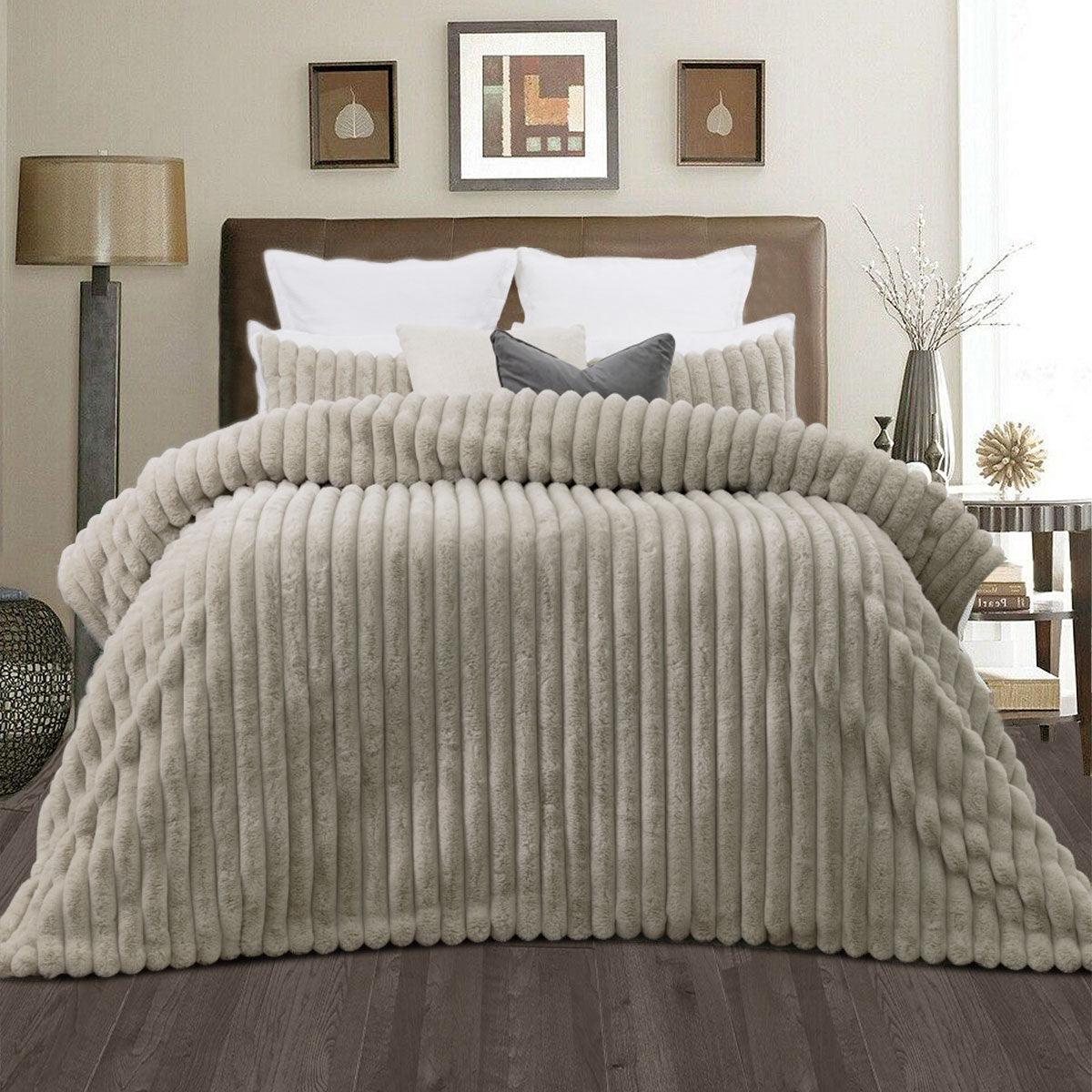 Jane Barrington Arna Natural 3 Pcs Channel Faux Bunny Fur Comforter Set Queen - Harrogates