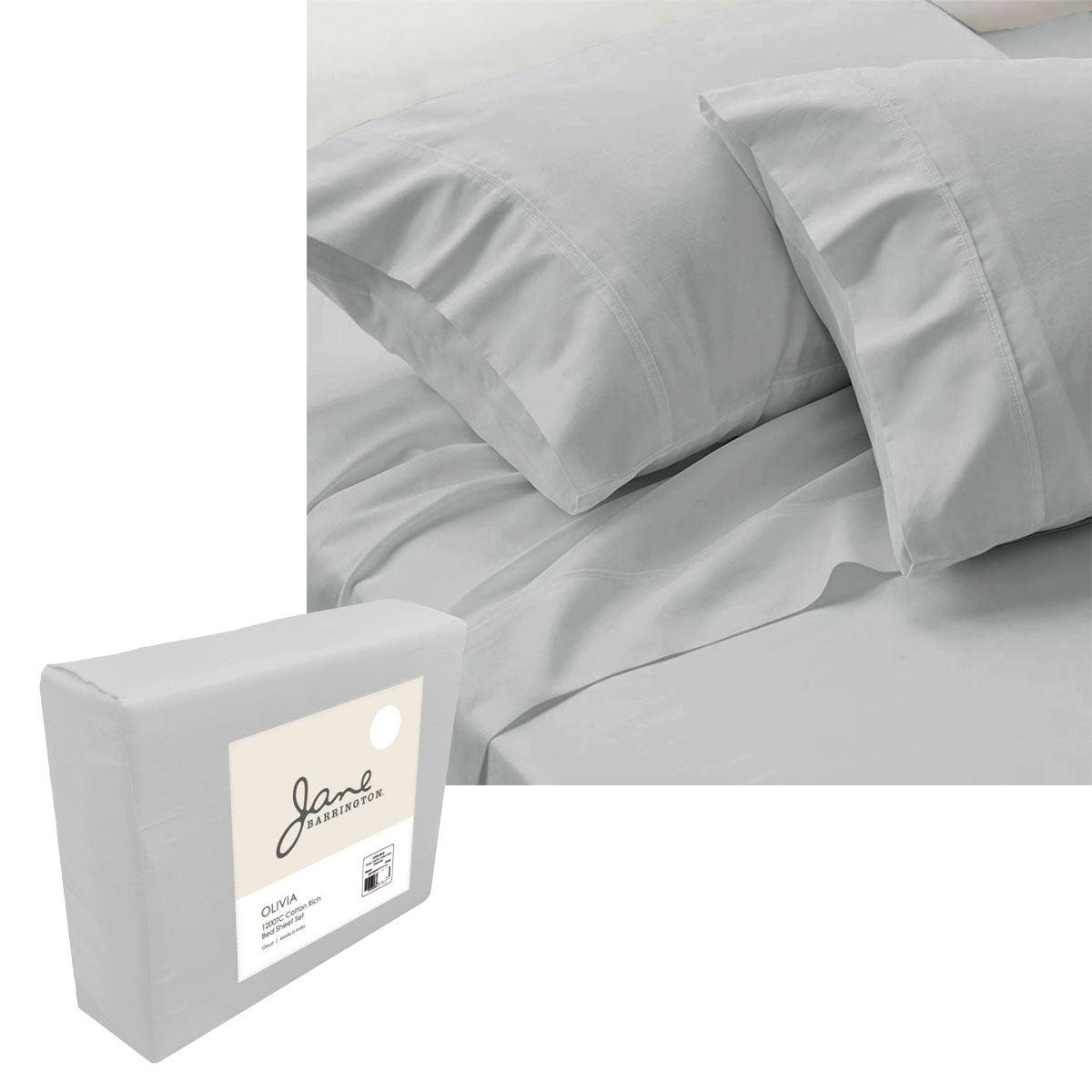 Light grey queen sheet set with pillowcases, 1200 thread count, premium bedding.