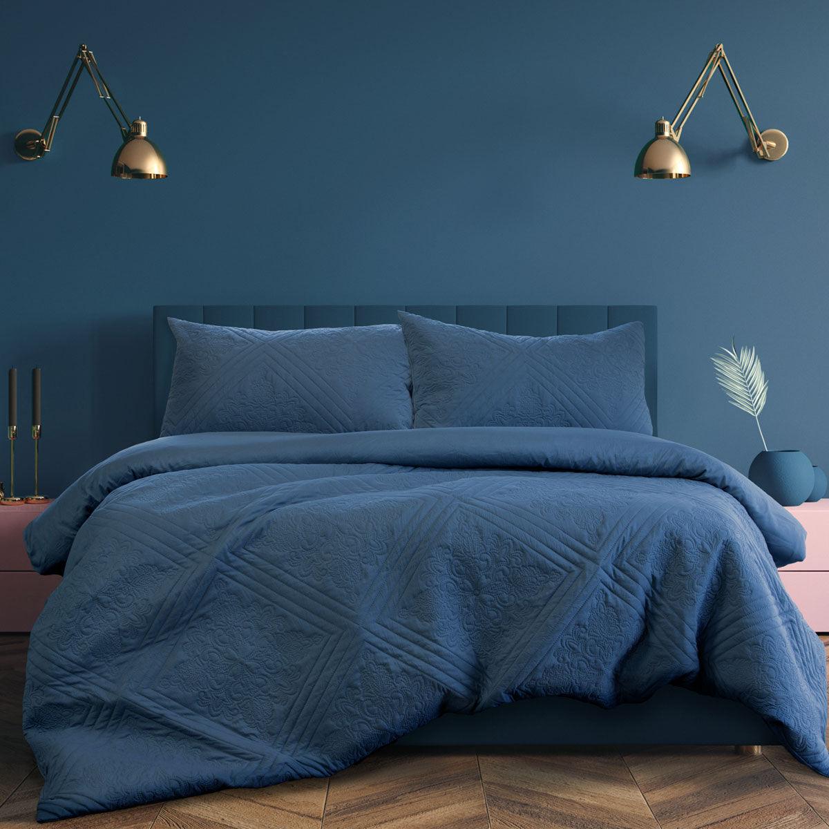 Ardor Eddison Cornflower Light Quilted Embossed Quilt Cover Set Queen - Harrogates