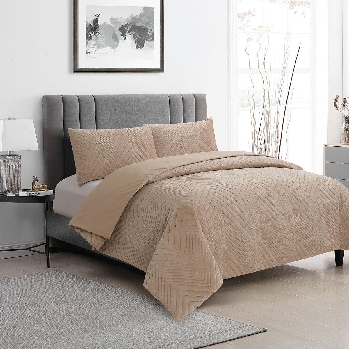Ardor Hana Champagne Embossed Velvet Quilt Cover Set Queen - Harrogates