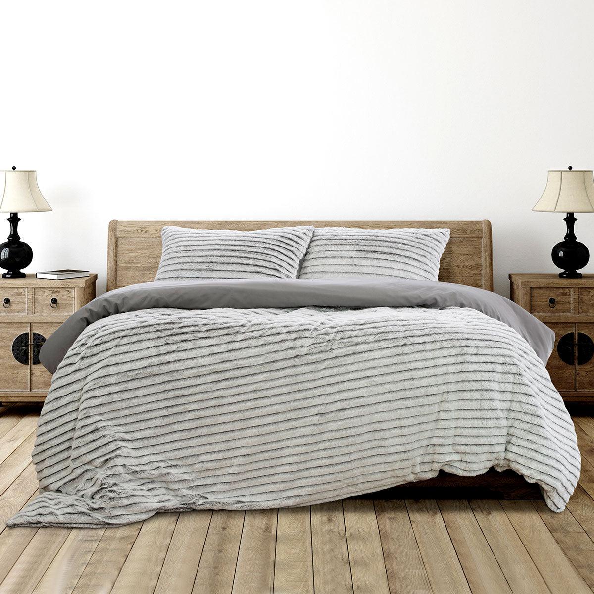 Ardor Striped Faux Fur Grey Super Soft Quilt Cover Set Queen - Harrogates
