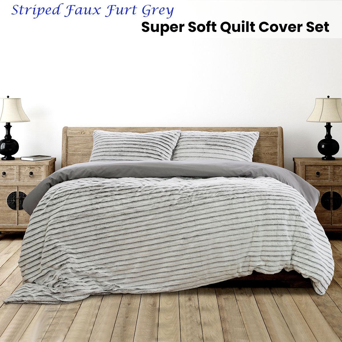 Ardor Striped Faux Fur Grey Super Soft Quilt Cover Set Queen - Harrogates