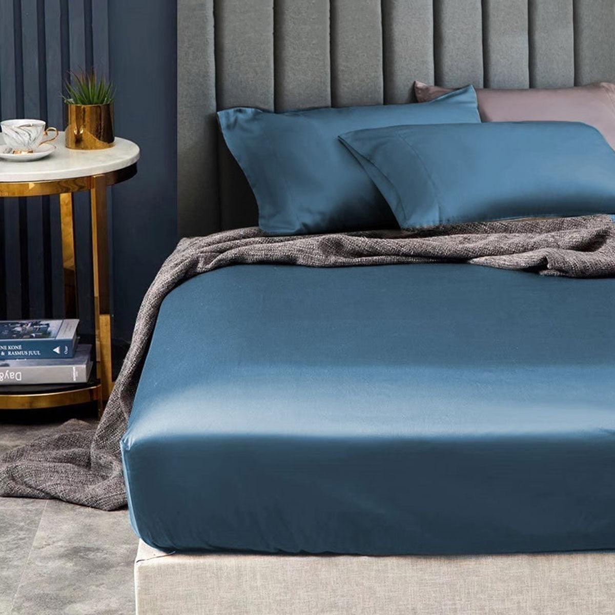 Ramesses 1500TC Elite Egyptian Cotton Sateen Fitted Sheet Combo Set Classic Blue Single - Harrogates