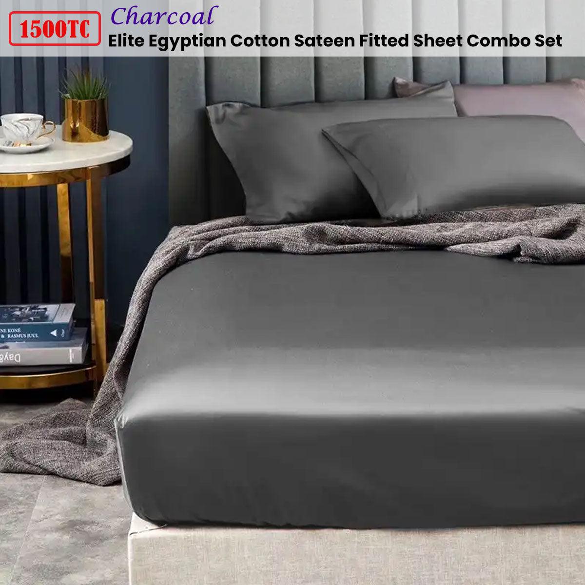 Ramesses 1500TC Elite Egyptian Cotton Sateen Fitted Sheet Combo Set Charcoal Single - Harrogates
