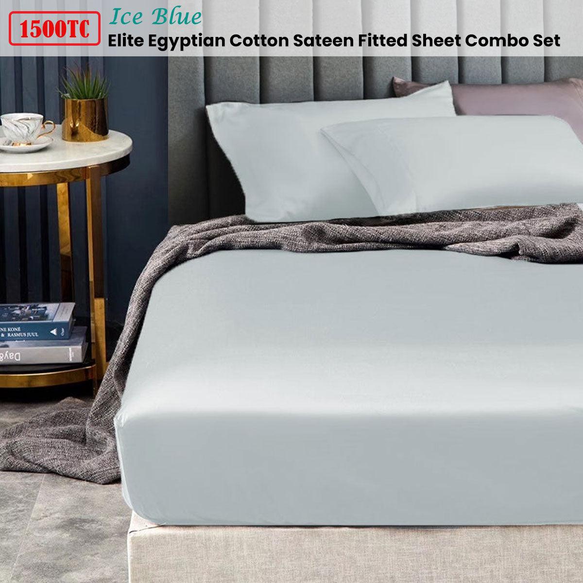 Ramesses 1500TC Elite Egyptian Cotton Sateen Fitted Sheet Combo Set Ice Blue Double - Harrogates