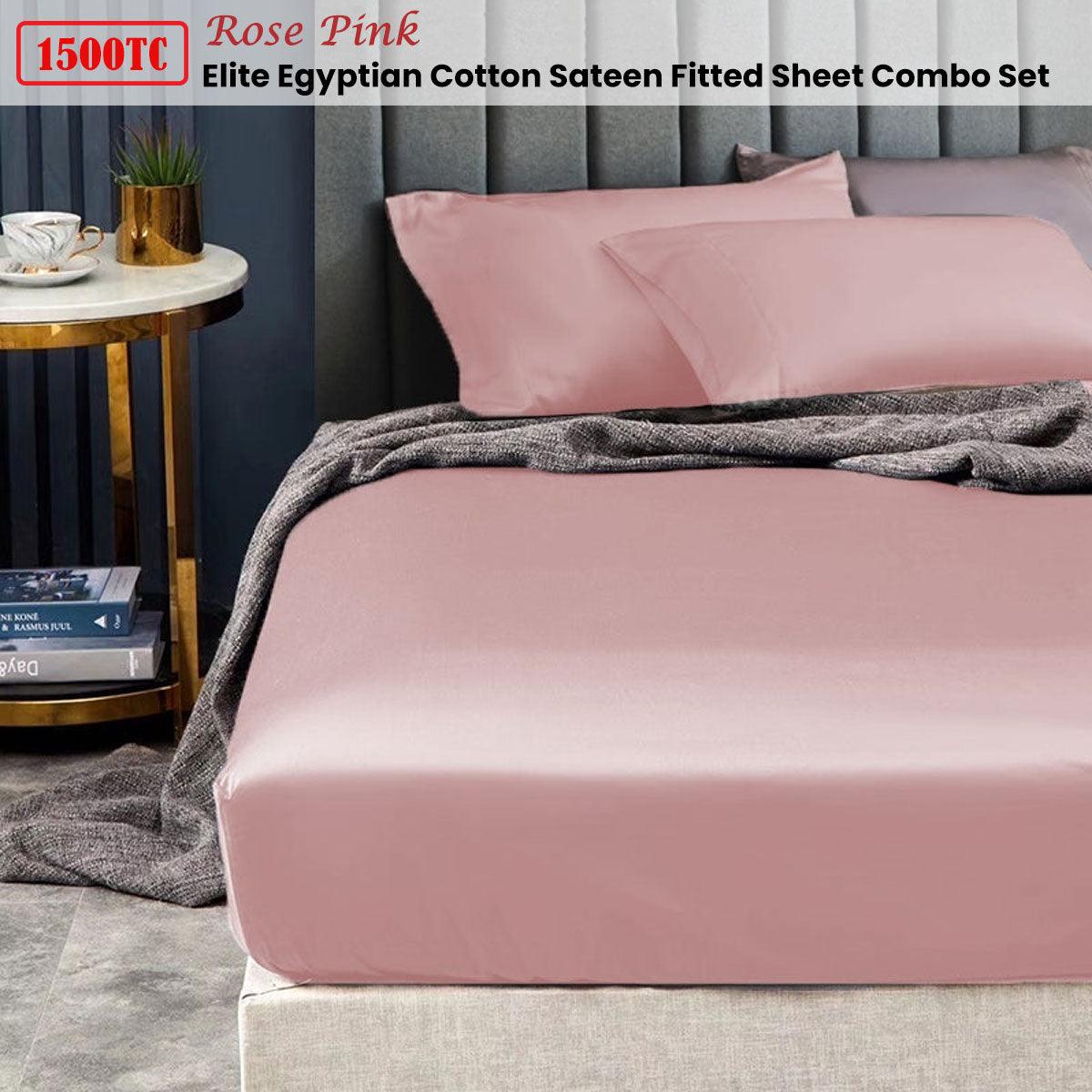 Ramesses 1500TC Elite Egyptian Cotton Sateen Fitted Sheet Combo Set Rose Pink Queen - Harrogates