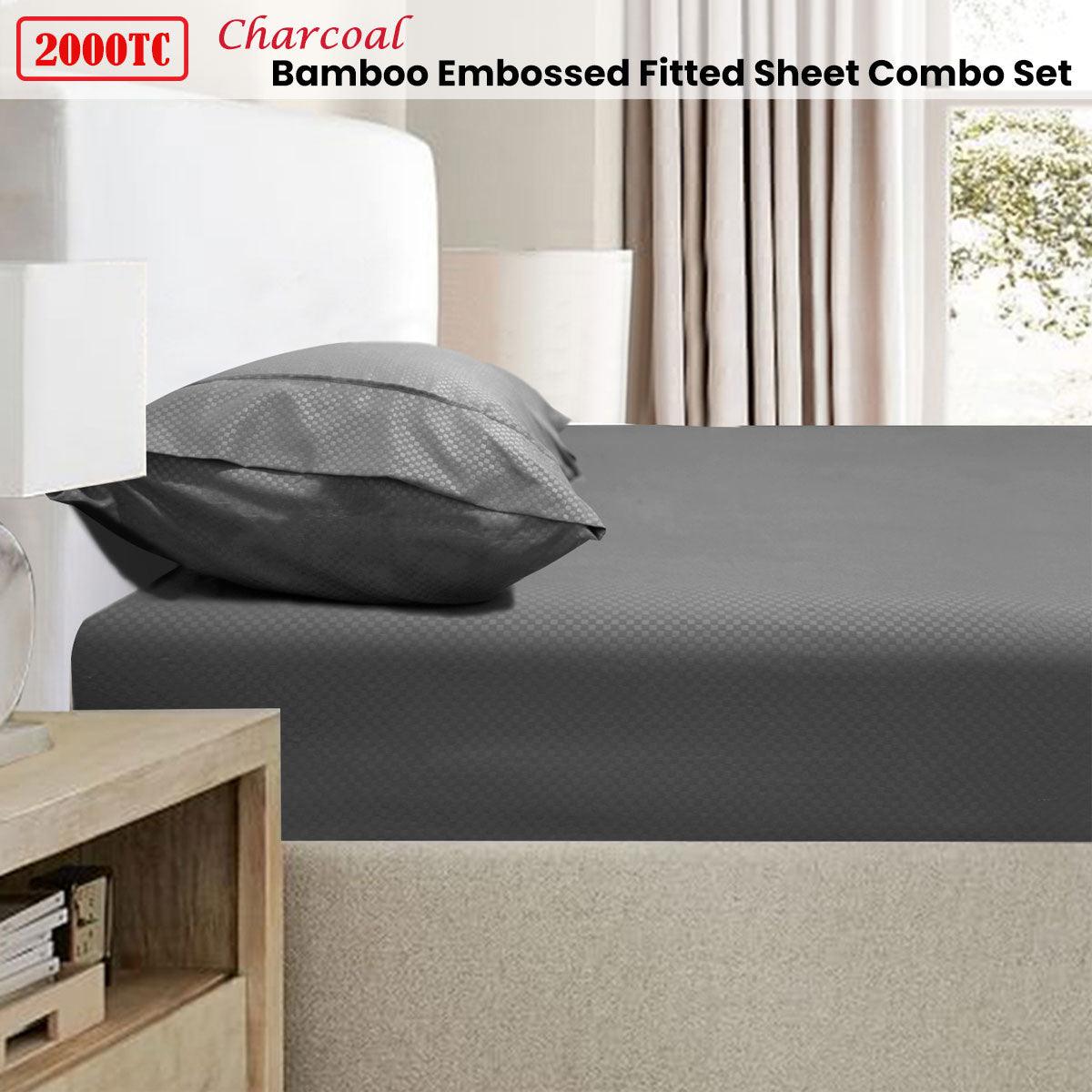 Ramesses 2000TC Bamboo Embossed Fitted Sheet Combo Set Charcoal Double - Harrogates