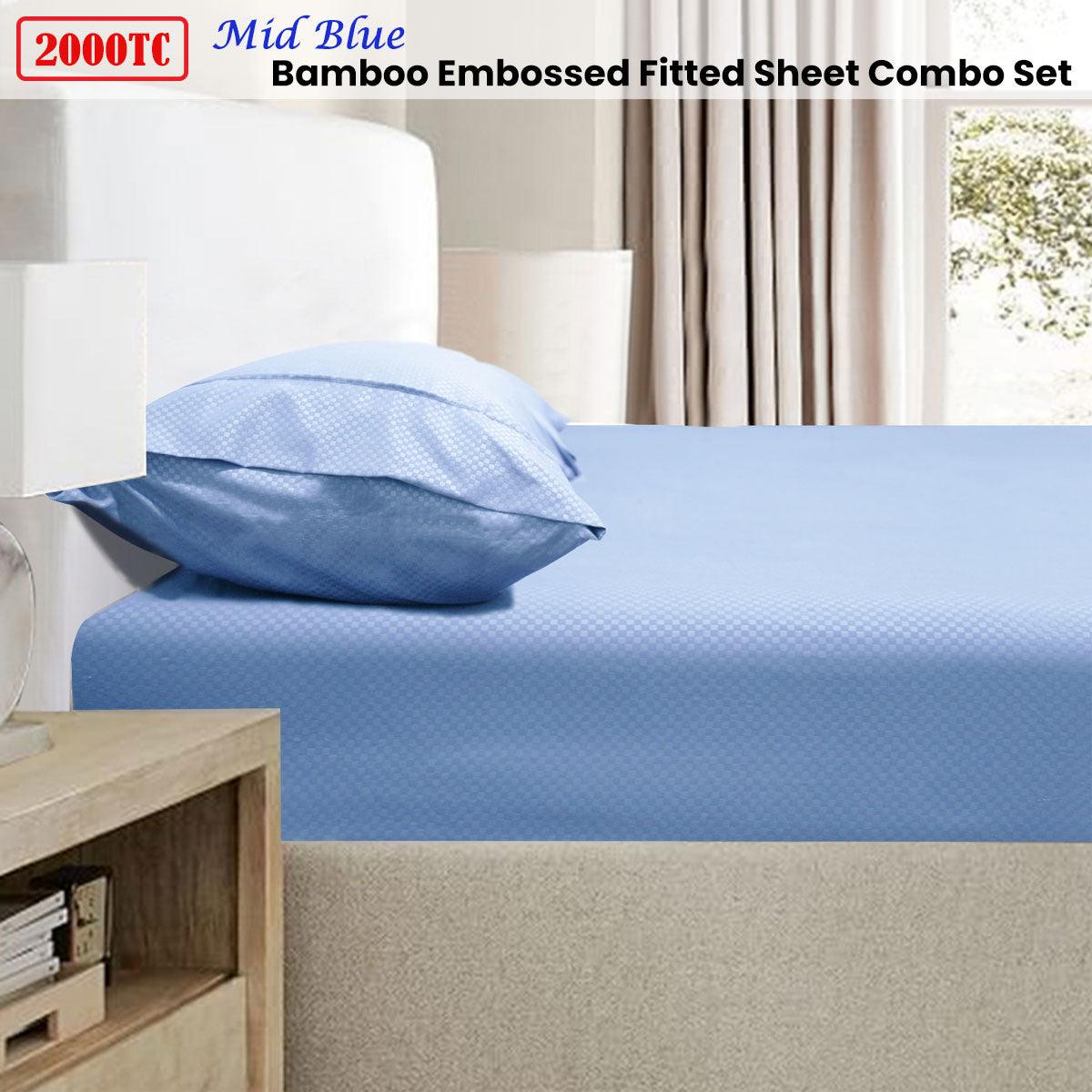 Ramesses 2000TC Bamboo Embossed Fitted Sheet Combo Set Mid Blue King - Harrogates