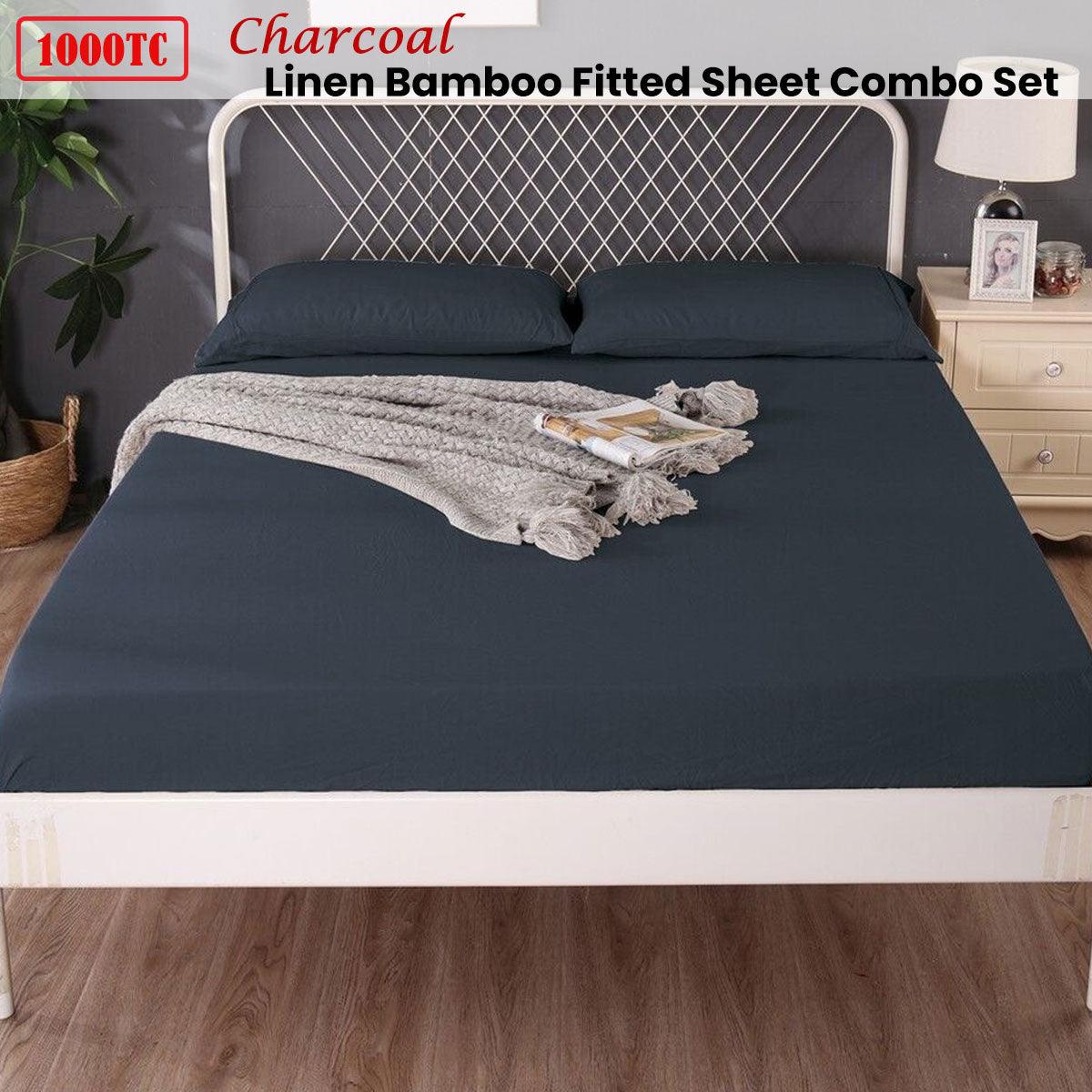 Ramesses 1000TC Linen Bamboo Fitted Sheet Combo Set Charcoal Queen - Harrogates