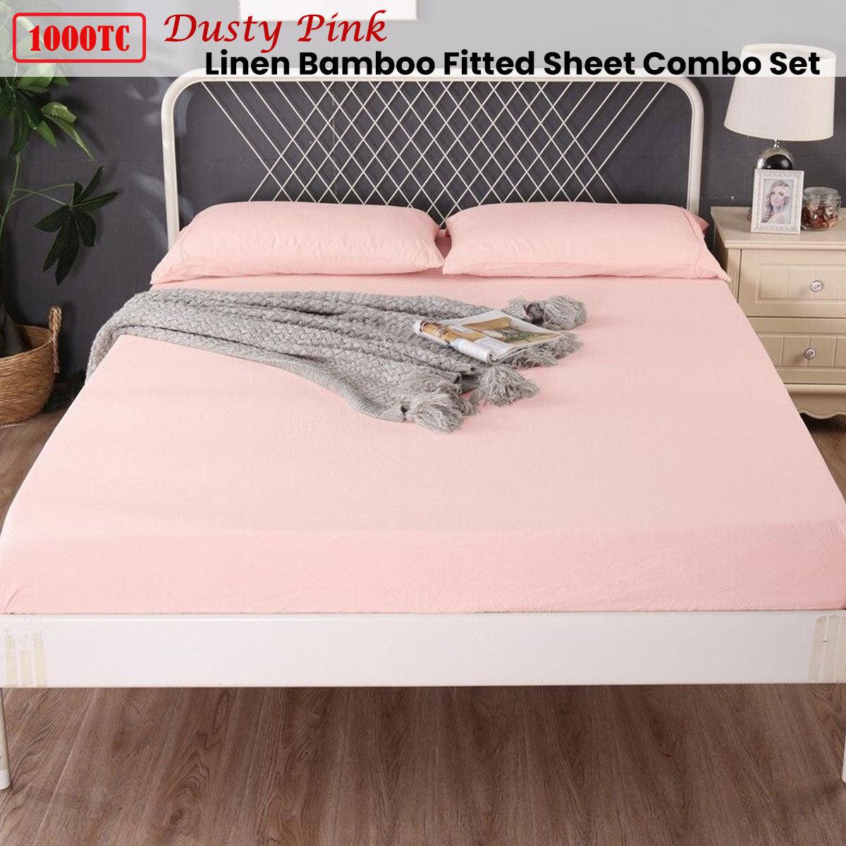 Ramesses 1000TC Linen Bamboo Fitted Sheet Combo Set Dusty Pink Queen - Harrogates
