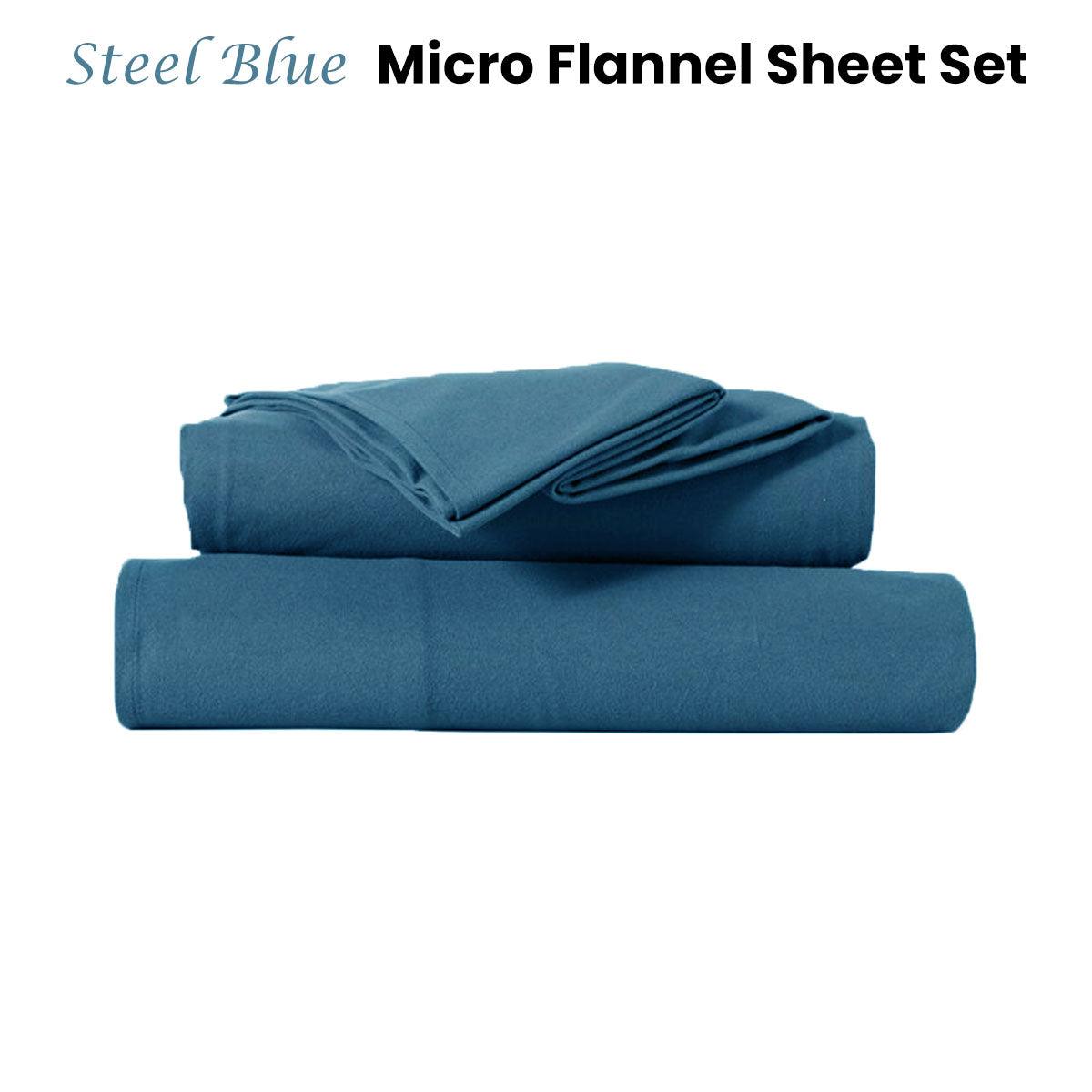 Kingtex Ultra-Soft Micro Flannel Sheet Set 40 cm Wall Steel Blue Queen - Harrogates