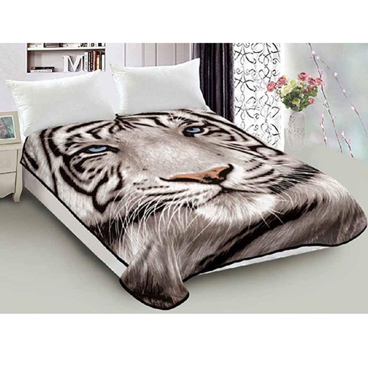 800GSM Luxury Reversible Animal Pattern Mink Blanket Queen 200 x 240 cm Blue-eyed Tiger - Harrogates
