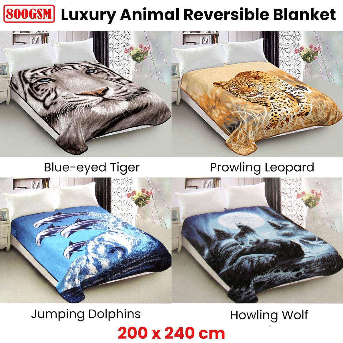 800GSM Luxury Reversible Animal Pattern Mink Blanket Queen 200 x 240 cm Blue-eyed Tiger - Harrogates