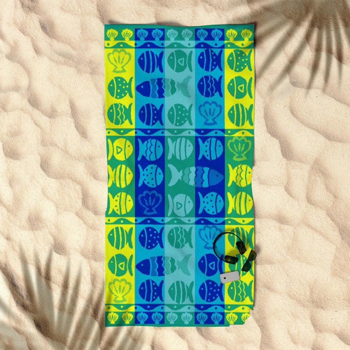 Rans Premium Cotton Jacquard Beach Towel Fish & Shell Blue - Harrogates