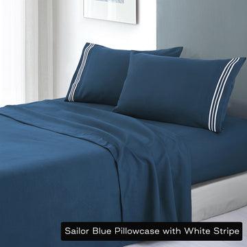 soft microfibre embroidered stripe sheet set king single sailor blue pillowcase white stripe - Harrogates