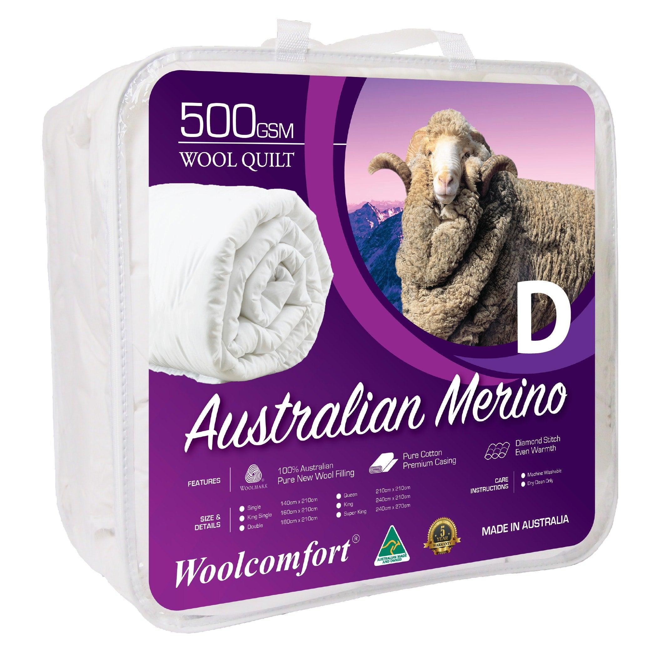 Woolcomfort Aus Made Merino Wool Quilt 500GSM 180x210cm Double Size - Harrogates