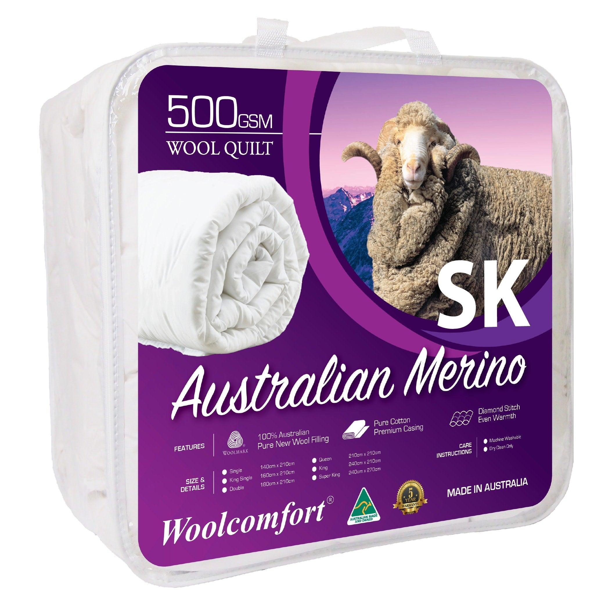 Woolcomfort Aus Made Merino Wool Quilt 500GSM 270x240cm Super King Size - Harrogates