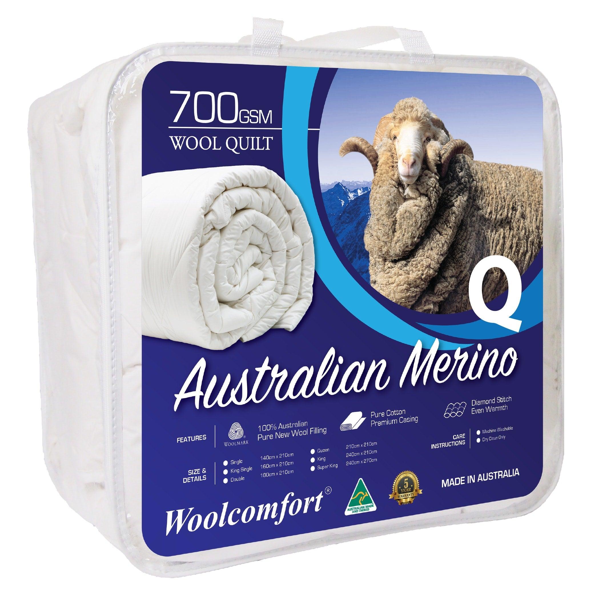 Woolcomfort Aus Made Merino Wool Quilt 700GSM 210x210cm Queen Size - Harrogates